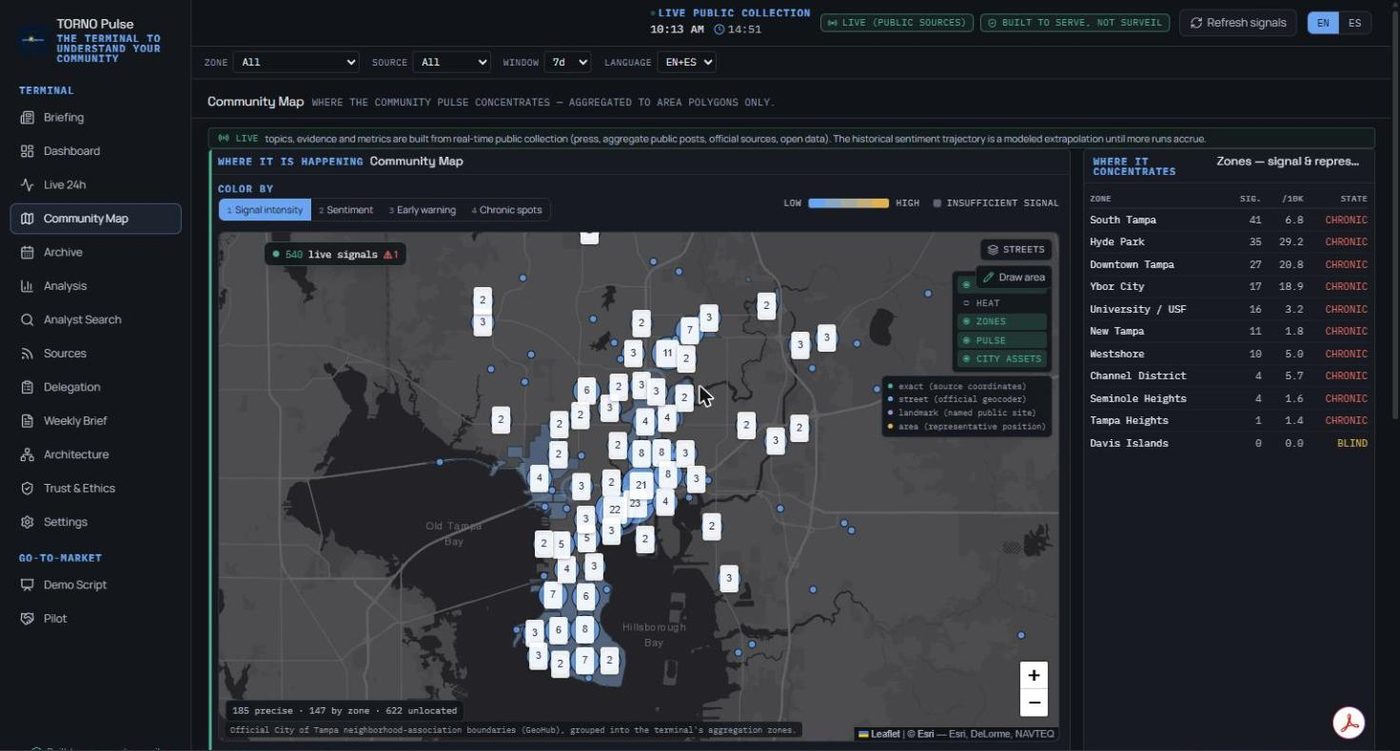 Community map with neighborhood polygons, signal clusters and a footer declaring how many signals are precisely located, located by zone, or unlocated